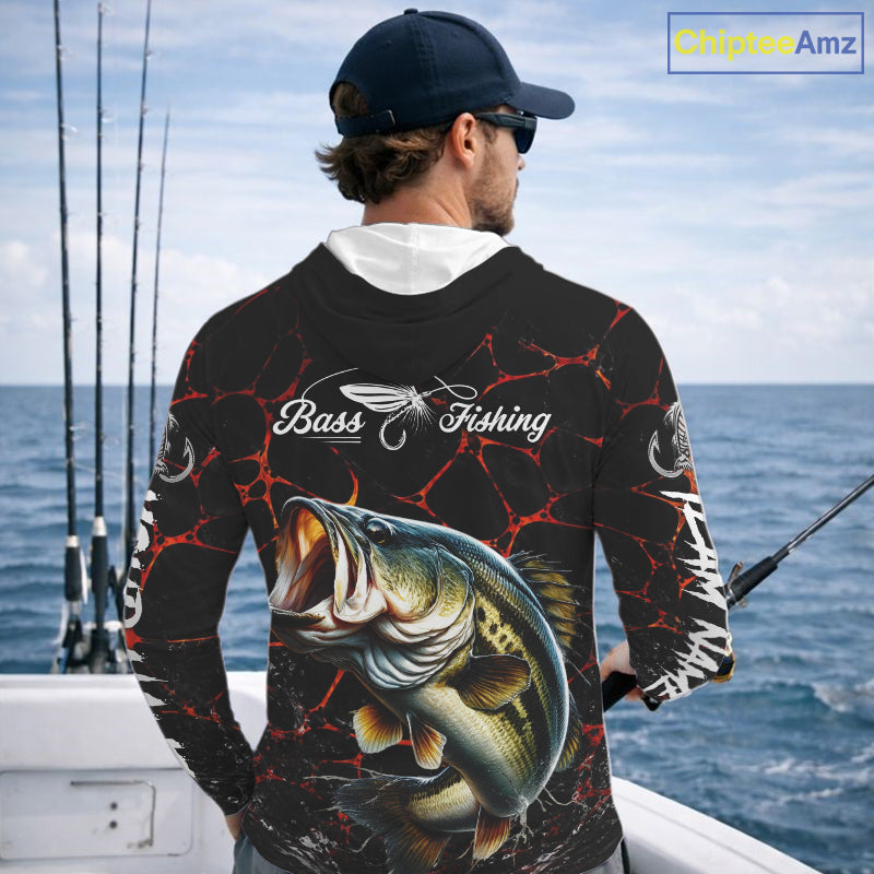 Angler wearing Bass Fishing Camo Long Sleeve Hooded Fishing Tournament Shirts with personalized name