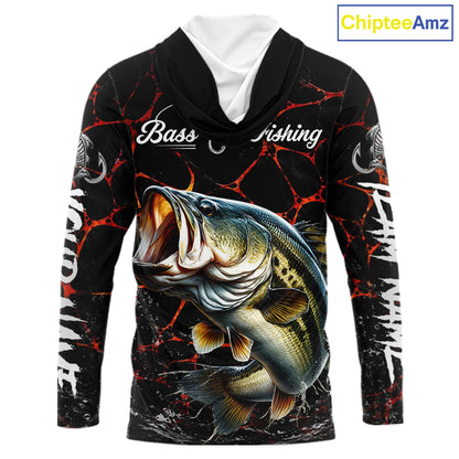 Back view of Bass Fishing camo long sleeve hooded fishing shirt UPF protection with personalized name 