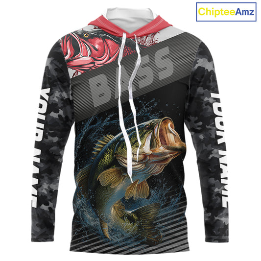 Personalized Largemouth Bass Fishing Long Sleeve Hooded Black Camo Shirts, Bass Fishing League Jerseys NBT345
