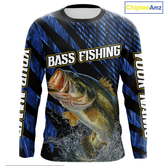 Personalized Reed Camo Bass Fishing Long Sleeve Shirts, Custom Bass Tournament Jerseys|Blue NBT348