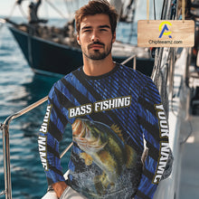 Load image into Gallery viewer, Personalized Reed Camo Bass Fishing Long Sleeve Shirts, Custom Bass Tournament Jerseys|Blue NBT348