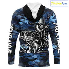 Load image into Gallery viewer, Reaper Fishing Largemouth Bass Long Sleeve Hooded Fishing Shirts Blue Camo, Camo Fishing Shirt NBT391