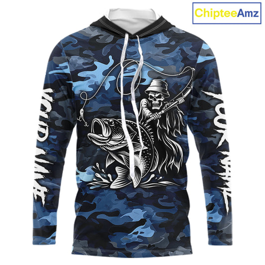 Reaper Fishing Largemouth Bass Long Sleeve Hooded Fishing Shirts Blue Camo, Camo Fishing Shirt NBT391
