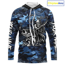 Load image into Gallery viewer, Reaper Fishing Largemouth Bass Long Sleeve Hooded Fishing Shirts Blue Camo, Camo Fishing Shirt NBT391