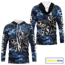 Load image into Gallery viewer, Reaper Fishing Largemouth Bass Long Sleeve Hooded Fishing Shirts Blue Camo, Camo Fishing Shirt NBT391