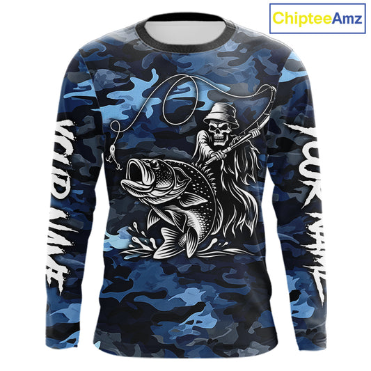 Reaper Fishing Largemouth Bass Long Sleeve Fishing Shirts Blue Camo, Camo Fishing Shirt NBT391