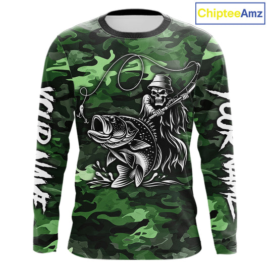 Reaper Fishing Largemouth Bass Long Sleeve Fishing Shirts Green Camo, Camo Fishing Shirt NBT392