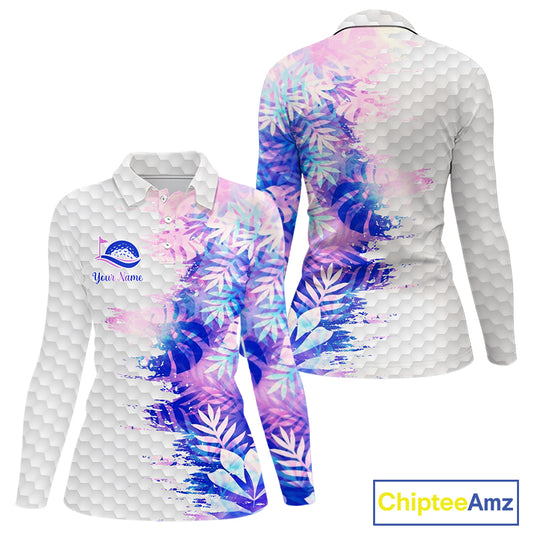 Womens Golf Polo Shirts Custom Hologram Tropical Leaves Golf Shirts, Womens Golf Tops NBT544