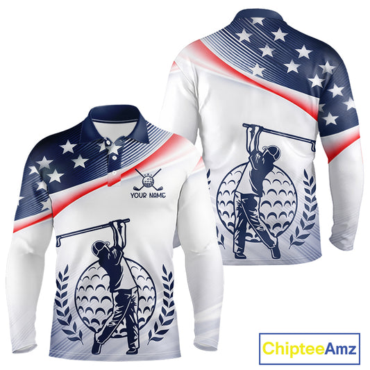American Flag White Men Golf Polo Shirts Custom Patriotic Mens Golf Top, Golf Gifts NBT547