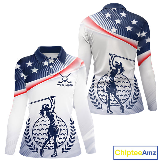 American Flag White Womens Golf Polo Shirts Custom Patriotic Womens Golf Top, Golf Gifts NBT547
