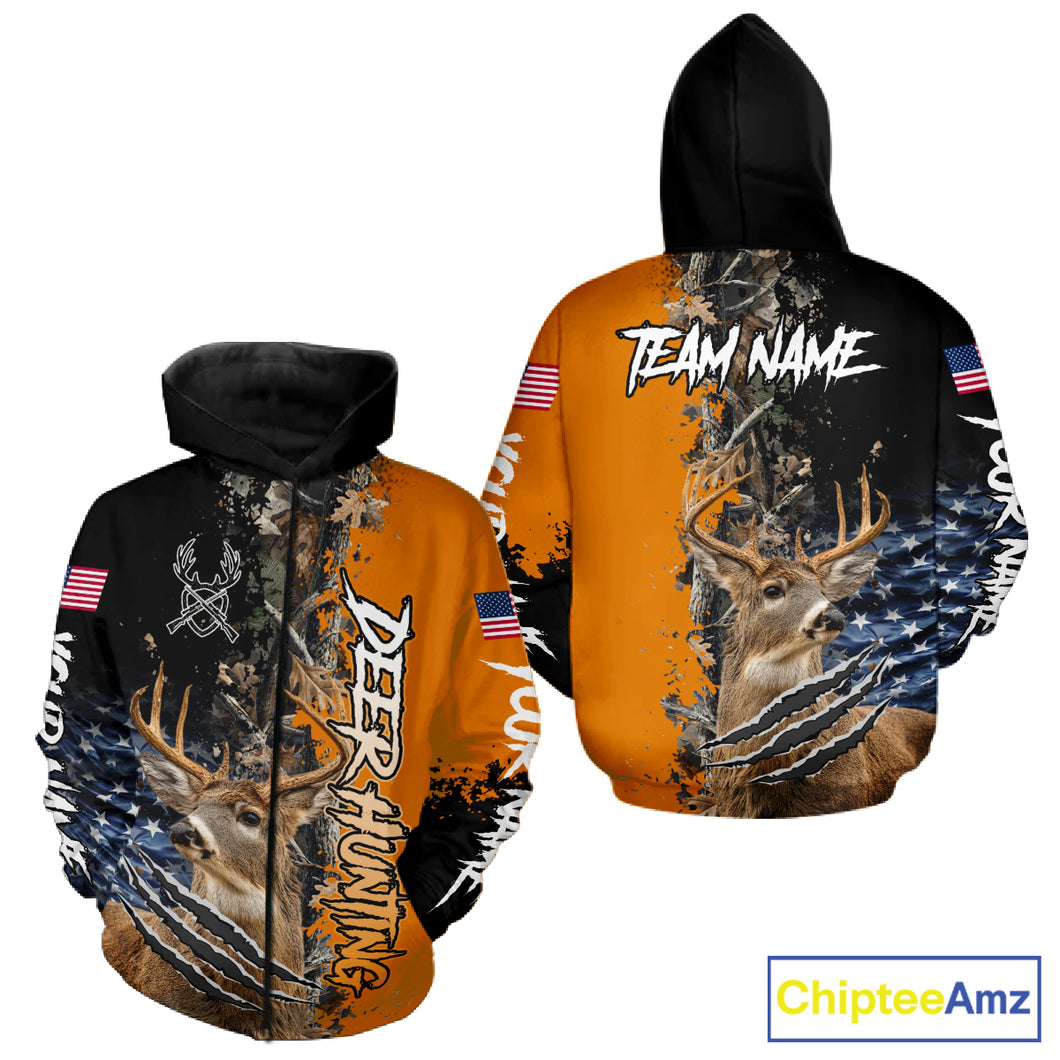 Whitetail Deer Hunting Orange Forest Camo US Flag Shirts, Personalized Hunting Shirt NBT258