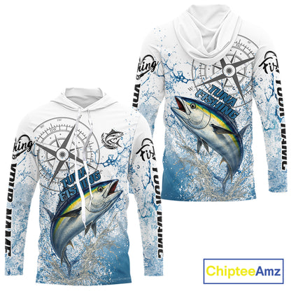 Custom Yellowfin Tuna Long Sleeve Hooded Fishing Shirts Saltwater Fish, Compass Offshore Tournament Fishing Shirts NBT553