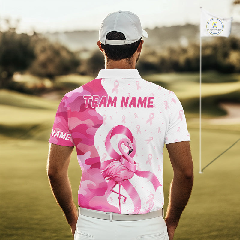 A golfer man in a golf course wearing a pink and white funny flamingo breast cancer awareness golf polo shirt with “Team Name” on the back.