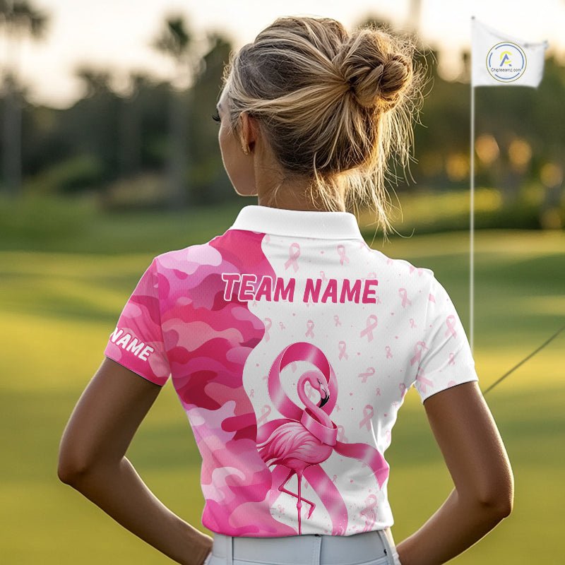 A woman wearing a Breast Cancer Awareness pink ribbon golf polo shirt, with team name on the back and standing in the golf course.