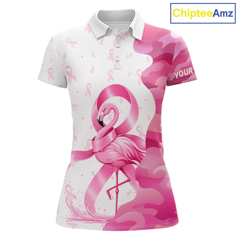 Matching golf polo shirt with pink flamingo design and breast cancer awareness ribbons
