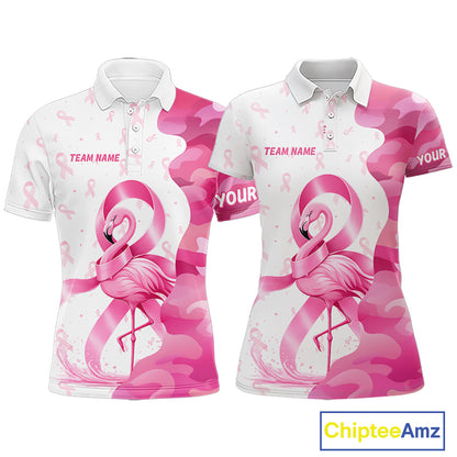 Matching golf polo shirt with pink flamingo design and breast cancer awareness ribbons. Customized her name, his name and team name