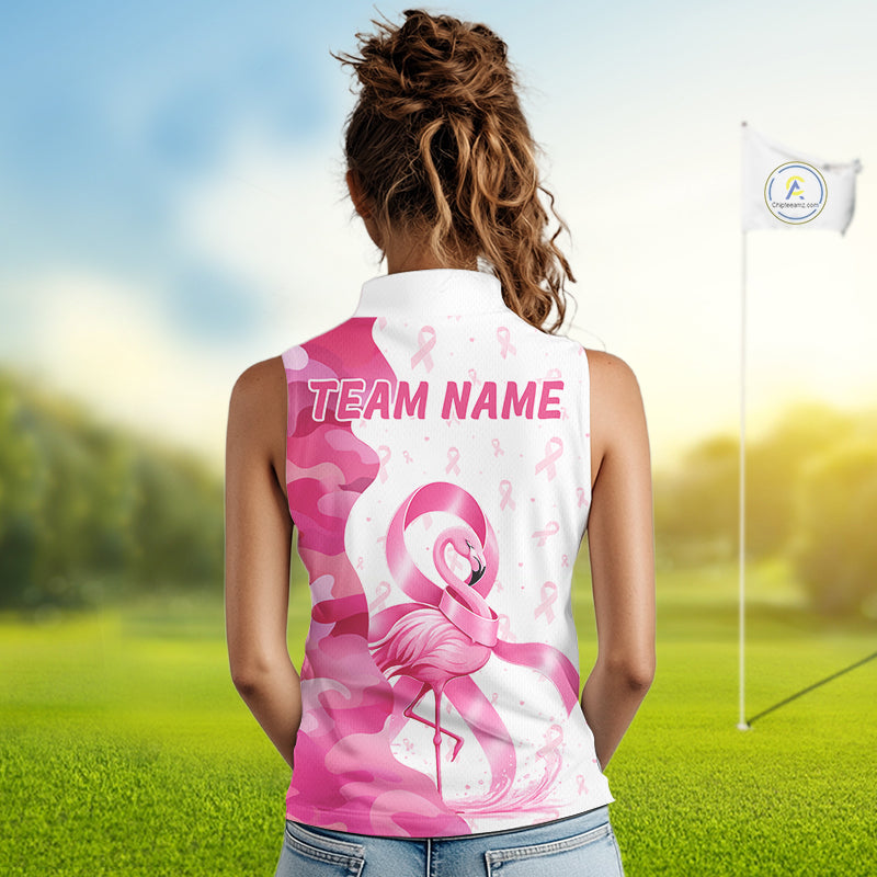 A woman wearing a Breast Cancer Awareness pink ribbon golf polo shirt with “Team Name” on the back.