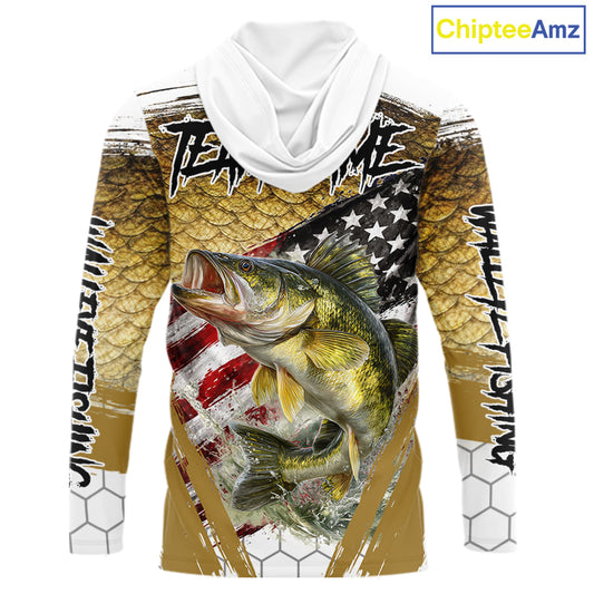 American Flag Walleye Long Sleeve Hooded Fishing Shirts Fish Scale, Custom Patriotric Walleye Fishing Shirts NBT394
