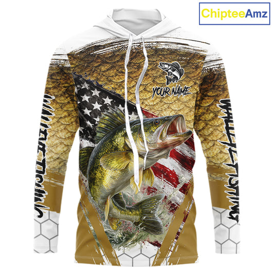 American Flag Walleye Long Sleeve Hooded Fishing Shirts Fish Scale, Custom Patriotric Walleye Fishing Shirts NBT394