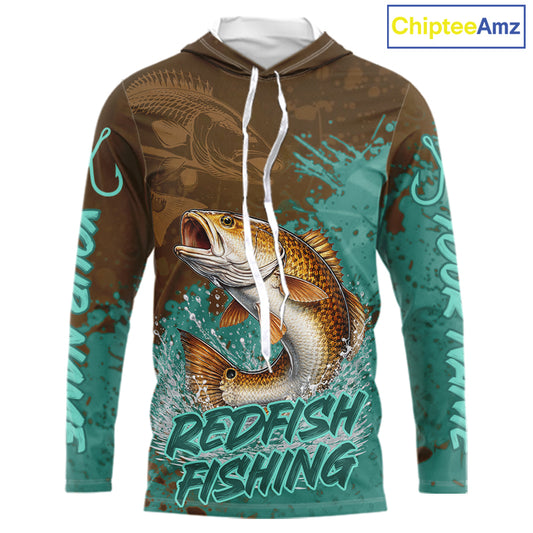 Personalized Redfish Long Sleeve Hooded Fishing Shirts Brown Turquoise Camo, Redfish Fishing Shirts For Men NBT396