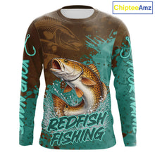 Load image into Gallery viewer, Personalized Redfish Fishing Shirts Long Sleeve Brown Turquoise Camo, Redfish Fishing Shirts For Men NBT396