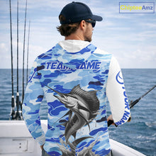 Load image into Gallery viewer, Custom Blue Camo Saltwater Sailfish Long Sleeve Hooded Fishing Shirts, Offshore Fishing Shirt NBT794