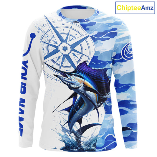 Front views of a sailfish fishing shirt long sleeve with name text on the sleeve.