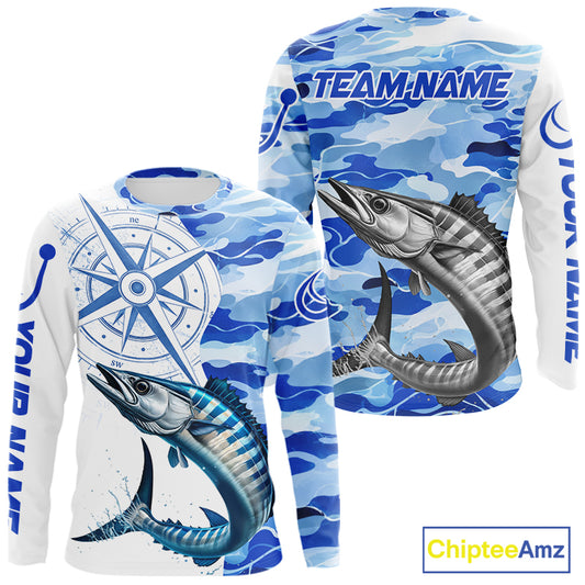 Front and back views of a walleye fishing shirt long sleeve with name text on the sleeve and team name on the back.
