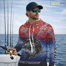 Load image into Gallery viewer, Custom Red Blue Tuna Fishing Long Sleeve Hooded Fishing Shirts, Saltwater Offshore Fishing Shirts NBT399