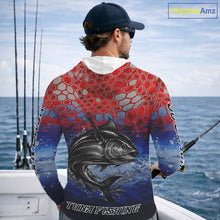 Load image into Gallery viewer, Custom Red Blue Tuna Fishing Long Sleeve Hooded Fishing Shirts, Saltwater Offshore Fishing Shirts NBT399