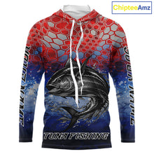 Load image into Gallery viewer, Custom Red Blue Tuna Fishing Long Sleeve Hooded Fishing Shirts, Saltwater Offshore Fishing Shirts NBT399