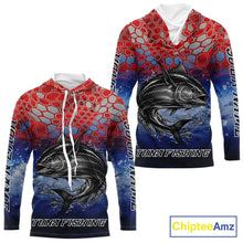 Load image into Gallery viewer, Custom Red Blue Tuna Fishing Long Sleeve Hooded Fishing Shirts, Saltwater Offshore Fishing Shirts NBT399