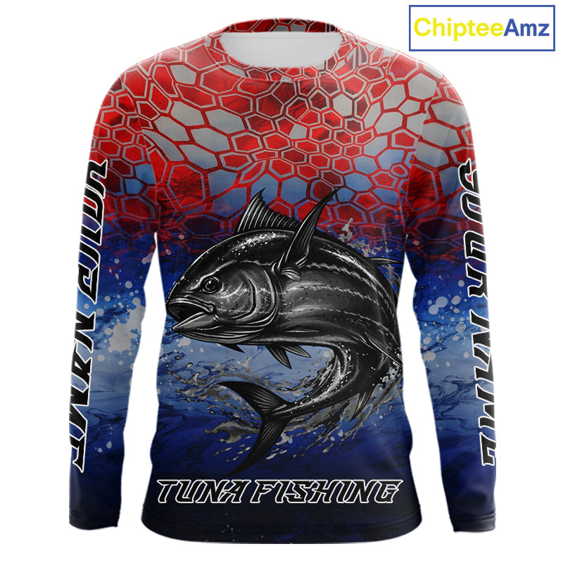 Custom Red Blue Tuna Fishing Long Sleeve Fishing Shirts, Saltwater Offshore Fishing Shirts NBT399