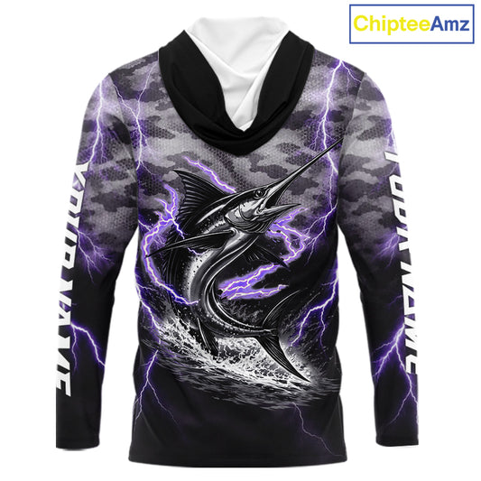 Thunder Lightning Swordfish Long Sleeve Hooded Fishing Shirts Black Camouflage, Saltwater Fishing Shirts NBT401