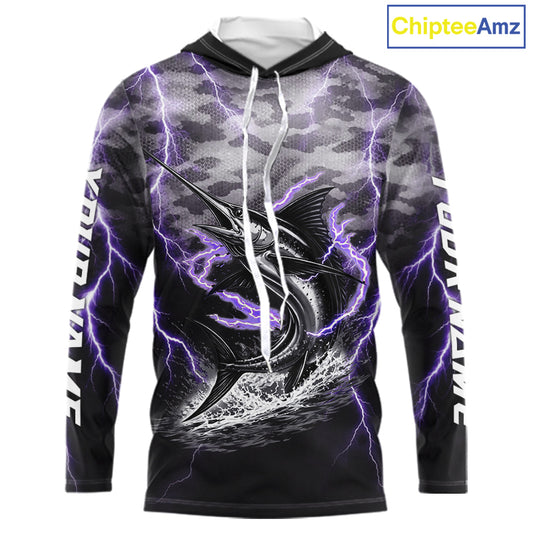 Thunder Lightning Swordfish Long Sleeve Hooded Fishing Shirts Black Camouflage, Saltwater Fishing Shirts NBT401