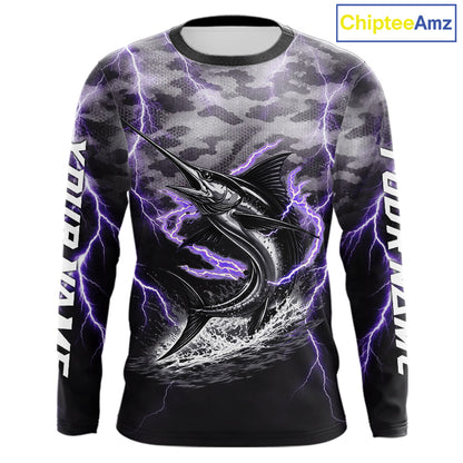 Thunder Lightning Swordfish Fishing Shirts Long Sleeve Black Camouflage, Saltwater Fishing Shirts NBT401