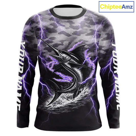 Thunder Lightning Swordfish Fishing Shirts Long Sleeve Black Camouflage, Saltwater Fishing Shirts NBT401