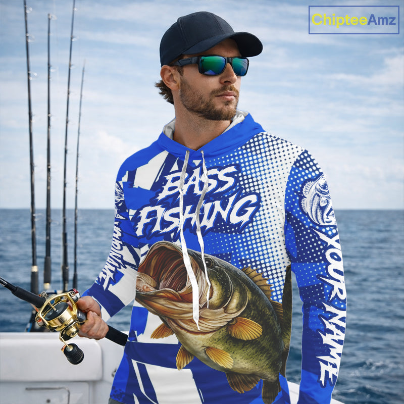 Blue Camo Largemouth Bass Long Sleeve Hooded Fishing Shirts, Bass Fishing Shirts For Men NBT442