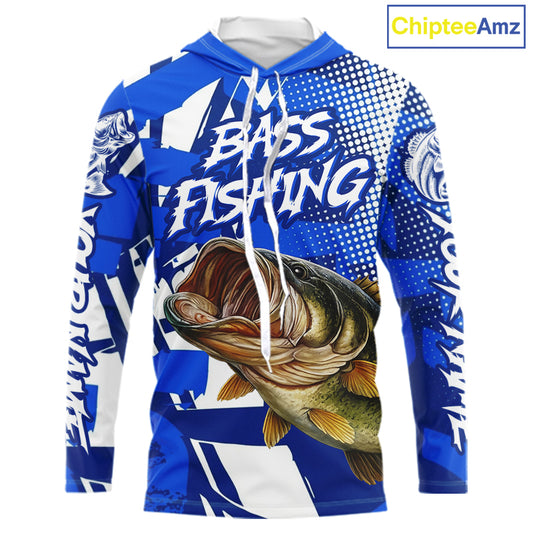 Blue Camo Largemouth Bass Long Sleeve Hooded Fishing Shirts, Bass Fishing Shirts For Men NBT442