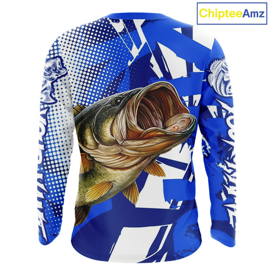 Blue Camo Largemouth Bass Fishing Shirts Long Sleeve, Bass Fishing Shirts For Men NBT442