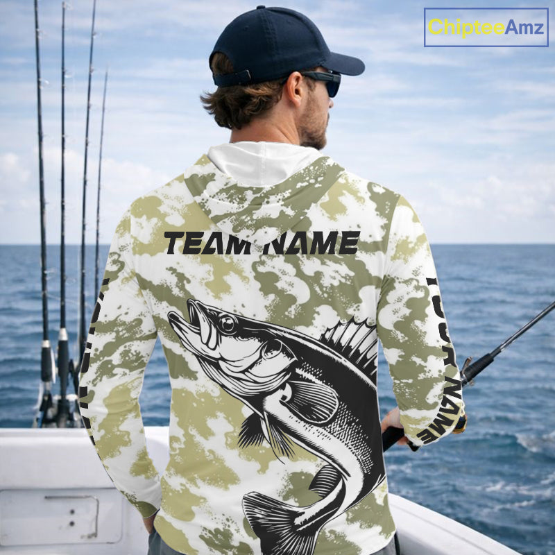 Custom Walleye Fishing Camo Long Sleeve Hooded Fishing Shirts, Personalized Walleye Fishing Team Jerseys NBT697