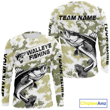 Custom Walleye Fishing Camo Long Sleeve Fishing Shirts, Personalized Walleye Fishing Team Jerseys NBT697