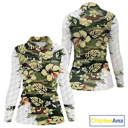 Green Camo Tropical Pattern Womens Golf Polo Shirts Custom Golf Outfit, Team Golf Shirt NBT698