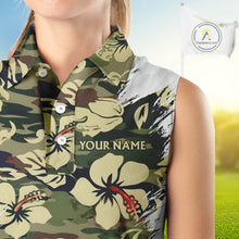 Load image into Gallery viewer, Green Camo Tropical Pattern Womens Sleeveless Golf Polo Shirts Custom Golf Outfit, Team Golf Shirt NBT698