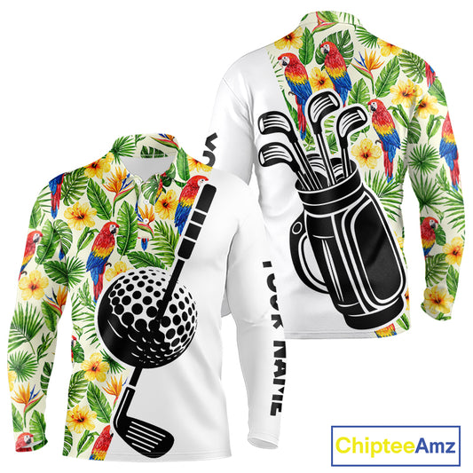 Funny Tropical Parrot And Golf Pattern Mens Polo Golf Shirts Custom Golf Team Shirts Golfer Outfit, Golf Gifts NBT700