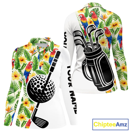 Funny Tropical Parrot And Golf Pattern Womens Polo Golf Shirts Custom Golf Team Shirts Golfer Outfit, Golf Gifts NBT700