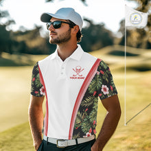 Load image into Gallery viewer, Custom Mens Golf Polo Shirts Funny Tropical Leaf Cross Skull Golf Clubs White Golf Shirt|Red NBT704