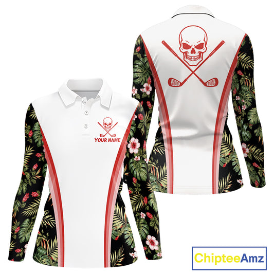 Custom Womens Golf Polo Shirts Funny Tropical Leaf Cross Skull Golf Clubs White Golf Shirt|Red NBT704
