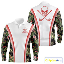Load image into Gallery viewer, Custom Mens Golf Polo Shirts Funny Tropical Leaf Cross Skull Golf Clubs White Golf Shirt|Red NBT704