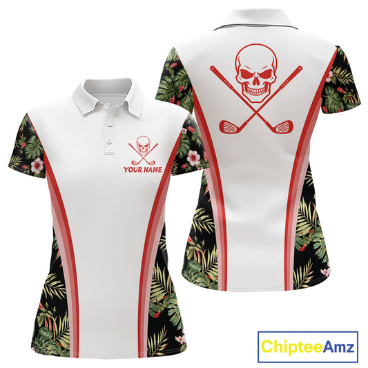 Custom Womens Golf Polo Shirts Funny Tropical Leaf Cross Skull Golf Clubs White Golf Shirt|Red NBT704